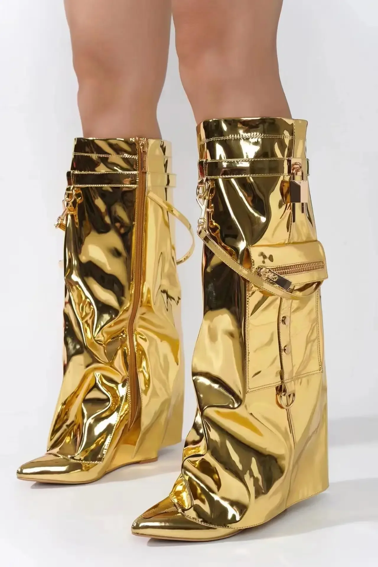 

Сапоги с металлическим декором и острым носком, увеличивающие рост, черные сапоги до колена на молнии, Осень-зима 2024