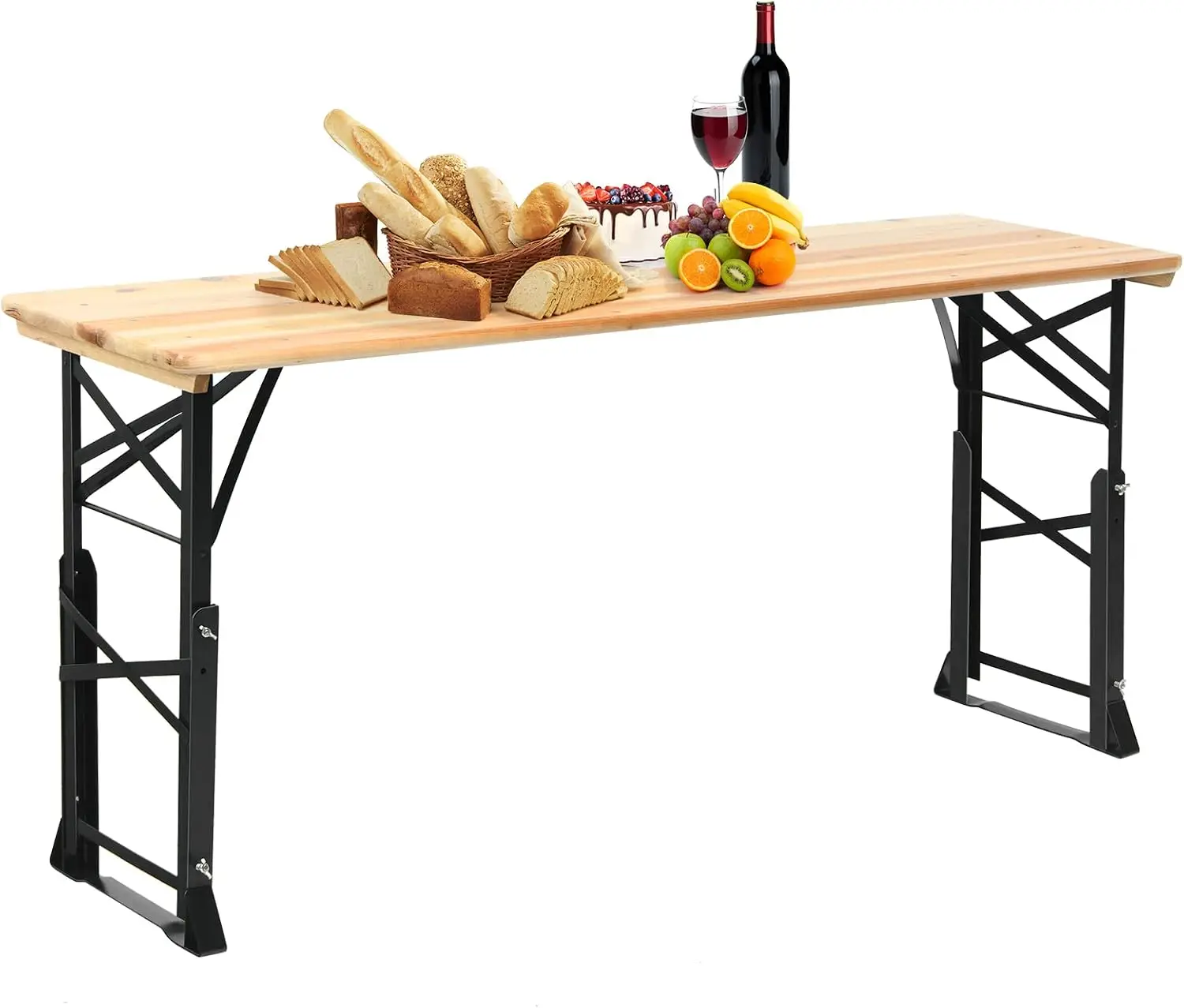 Folding Picnic Beer Table, Outdoor Camping Table with Umbrella Hole, Adjustable Heights and Wood Top, Portable Picnic Table