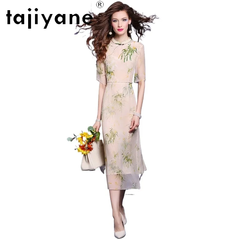 

TAJIYANE 100% шелковое длинное платье из тутового шелкопряда для женщин, летнее, в китайском стиле, с принтом, повседневные платья, женская одежда 2026, 원피스