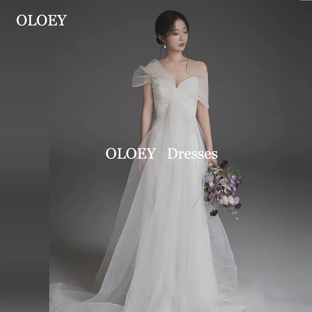 

OLOEY Elegant Sweetheart Wedding Dresses Korea Photoshoot Off Shoulder Pleats Bride Gowns Floor Length Ivory Customized