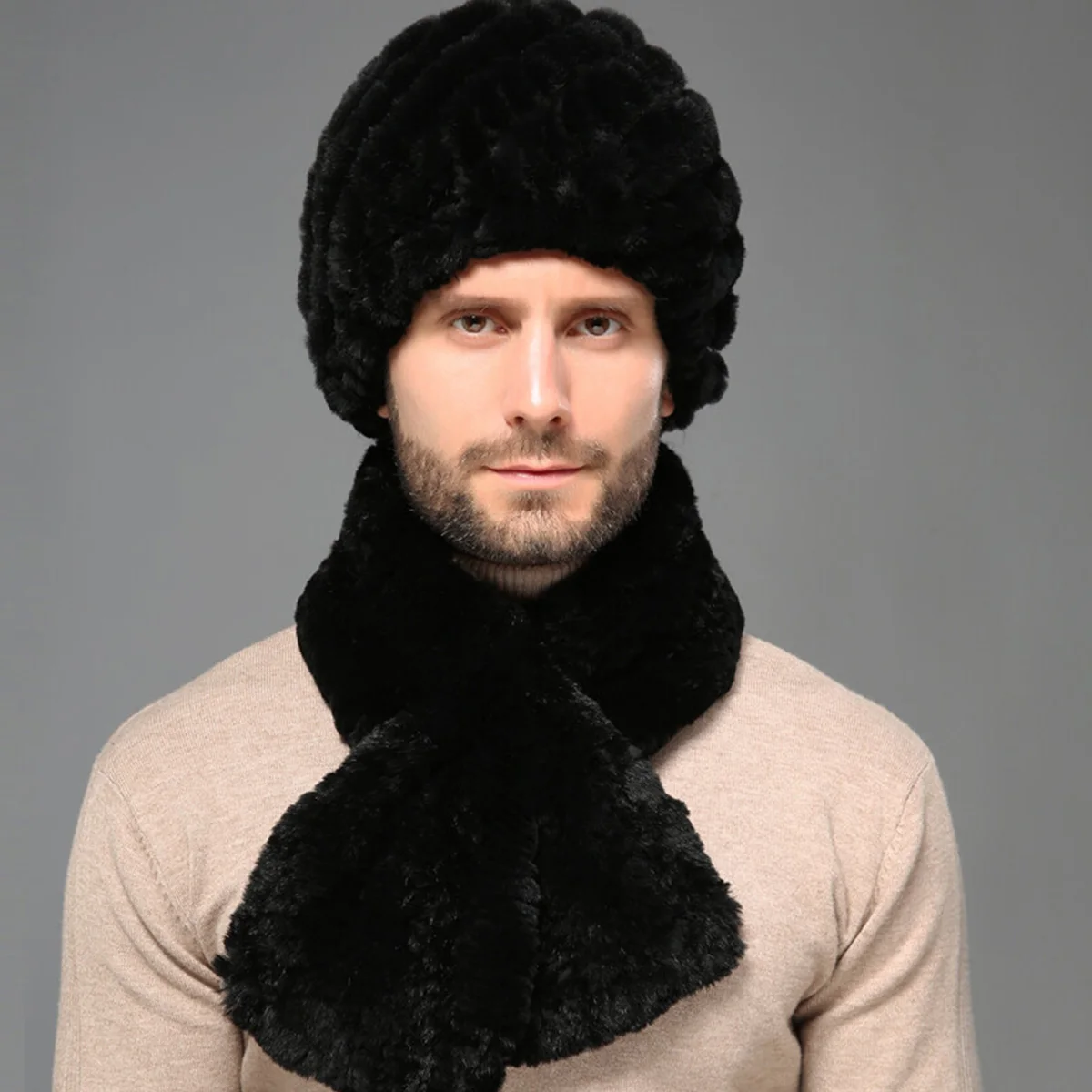 

FEIMANYUAN шапка из натурального кроличьего меха, горячая распродажа для мужчин, горячая распродажа, новый зимний теплый шарф из кроличьего меха и комплект шапки для мужчин