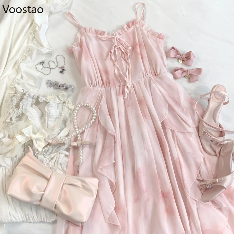 Vintage Sweet Pink Dress Sets Women Kawaii Lace Bow Ruffles Short Cardigan Chiffon Dresses 2 Piece Set Female Beach Dress Suit