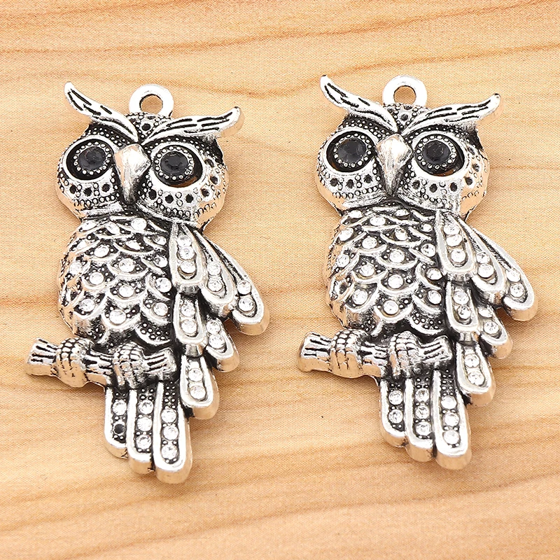 5pcs Tibetan Silver Color Rhinestone Owl Bird Animal Charms Pendants For DIY Jewelry Making Finding Supplies Accessories 45x25mm