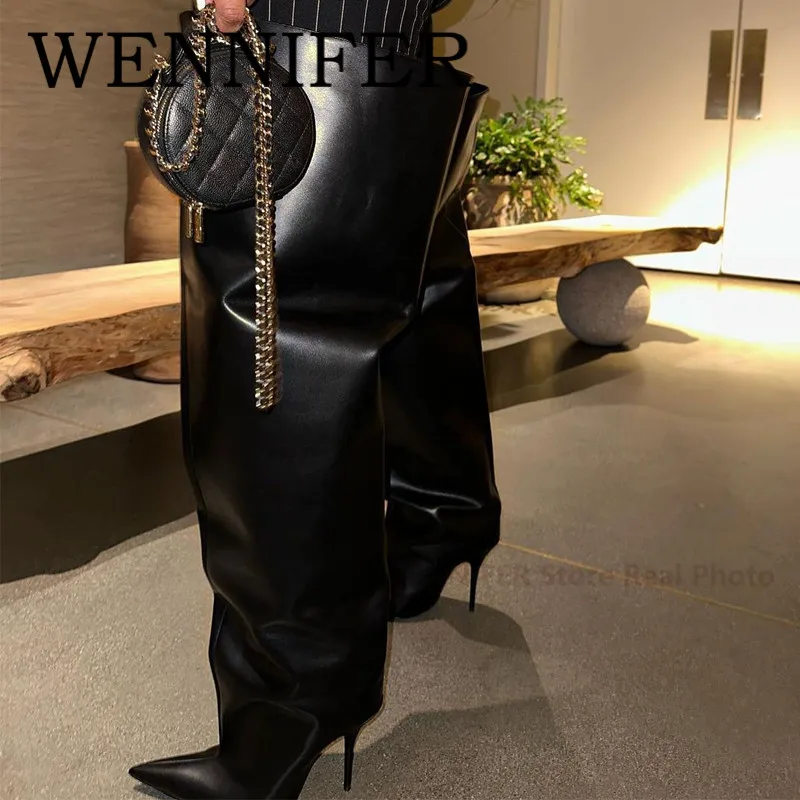 Women Wide Style Waders Thigh High Boots Pointed Toe Cone Stiletto Heel Boots Ladies Night Party Slip-on Over The Knee High Boot