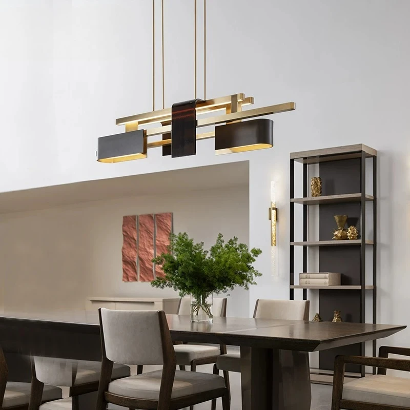 Modern Geometric Linear Chandelier Gold Black Tiered Pendant Light Abstract Overlapping Metal LED Hanging Lamp for Dining Room