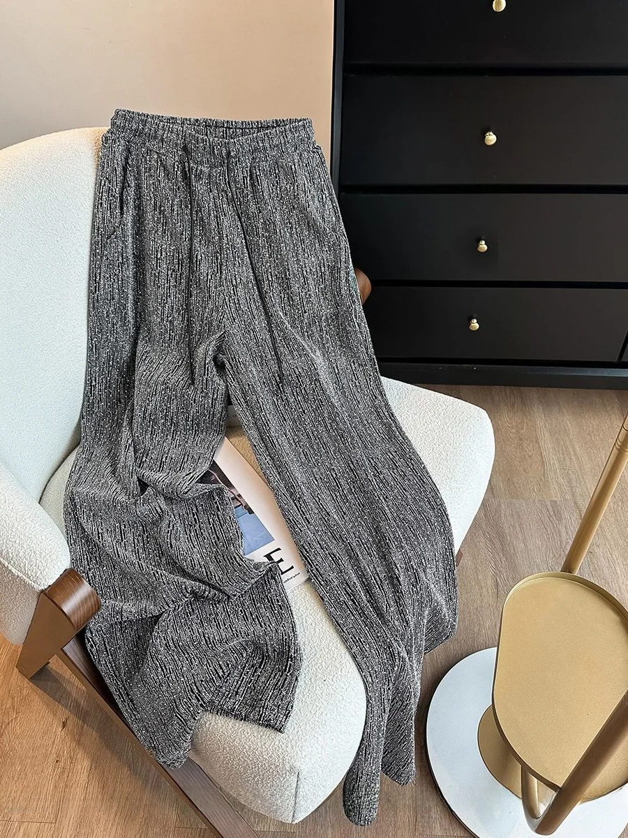 

Женские широкие брюки большого размера, летние повседневные блестящие свободные струящиеся брюки в пол, модные длинные брюки с высокой талией