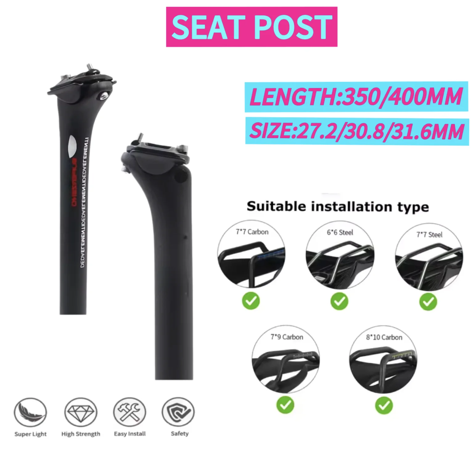 

Ultralight Carbon Fiber Bicycle Seatpost 27.2 30.8 31.6mm, 350mm 400mm Length MTB Road Bike Seat Post, 3K Matte Finish Cycl