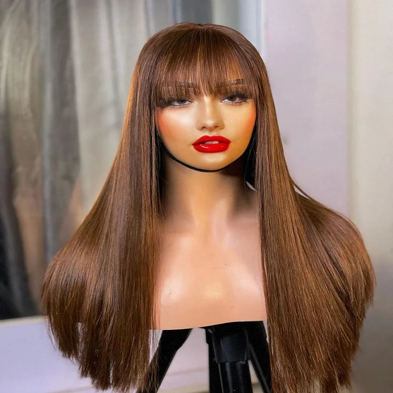 

Silky Long Soft 180Density Glueless Lace Front Wig With Bangs For Black Women BabyHair Honey Blonde Preplucked Heat Resistant