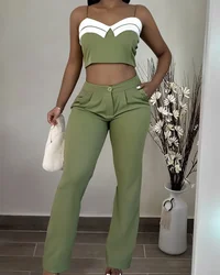 New 2024 Summer Casual Sexy Crop Cami Top and Ruched Pocket Design Pants Set Women Two Piece Sets Outfit