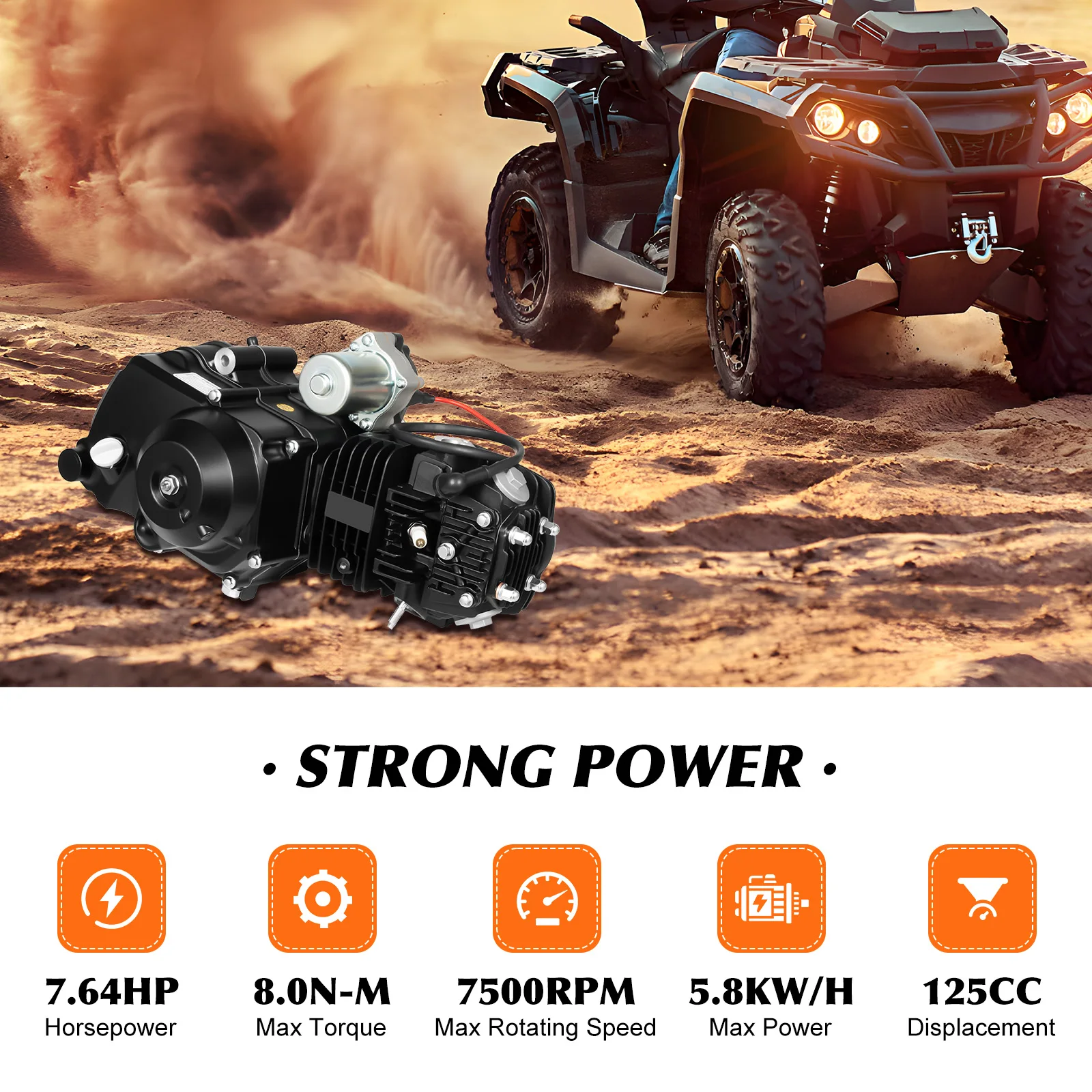 

125cc 7.64HP 4 Stroke ATV Motor Engine, 4-speed Semi-Auto Motorcycle Engine for ATVs, Go-karts, Tricycles