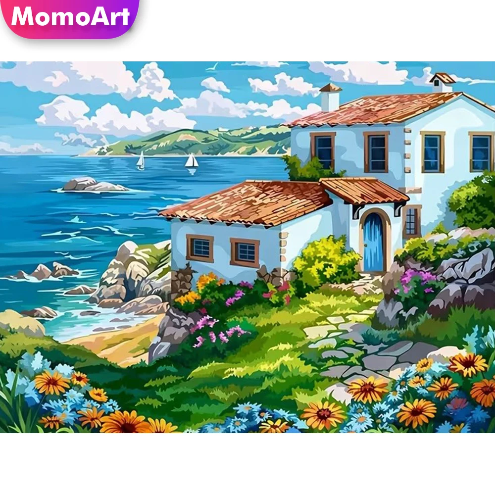 Momoart Diamantmalerei Landschafts-Haus-Muster für Erwachsene Anfänger Diamant-Stickerei Küsten-Motiv DIY Mosaik Urlaubsgeschenke