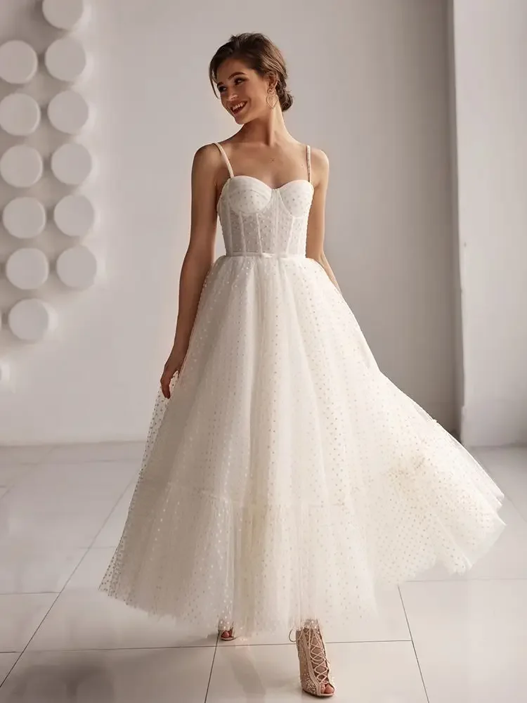 

Princess Short Wedding Dress 2024 A Line Sweetheart Spaghetti Straps Dot Tulle Bridal Gown Lace Up Back Ankle Length Custom Made