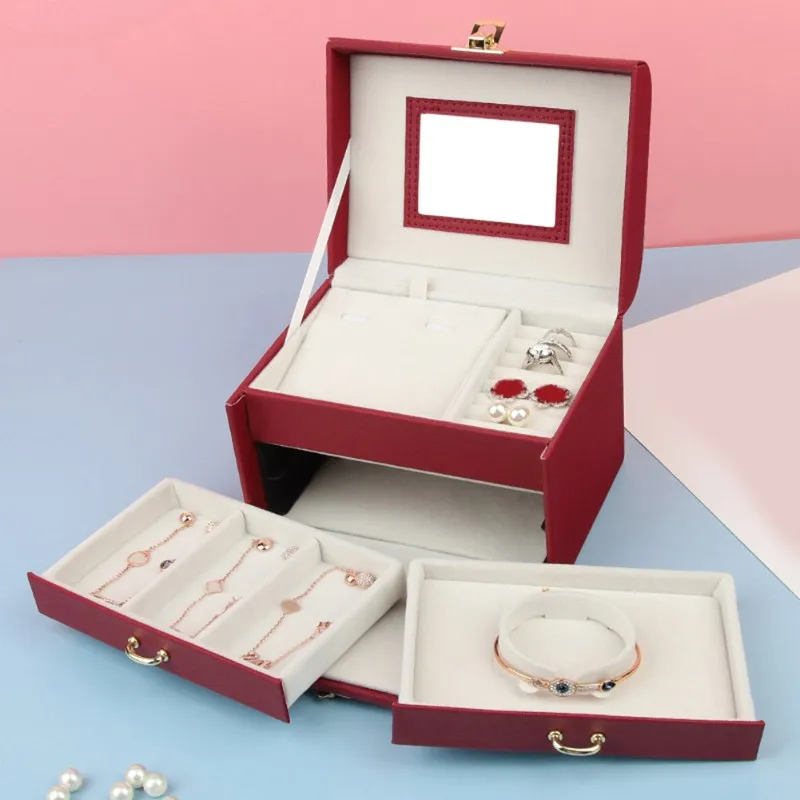 

A09P Трехслойная роскошная шкатулка для драгоценностей из искусственной кожи - винно-красный дизайн в китайском стиле для браслета, колец, ожерелья, хранения сережек