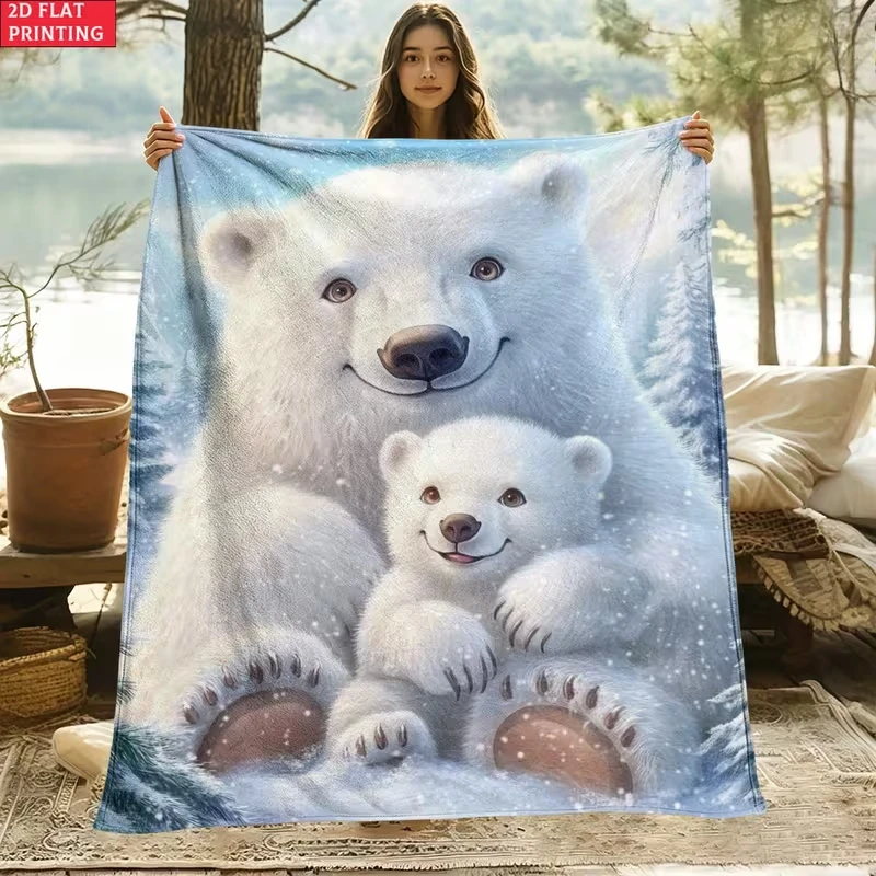 Cute Bear Cub Snow Blanket Soft Plush Aurora Borealis Throw Blanket for Bed Couch Sofa Luxury Air Conditioning Nap Quilt