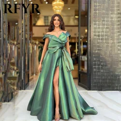 RFYR Hunter Green A Line Prom Dresses Off the Shoulder Side Split فساتين سهره Shining Stain Pleat V Neck Wedding Darty Dresses