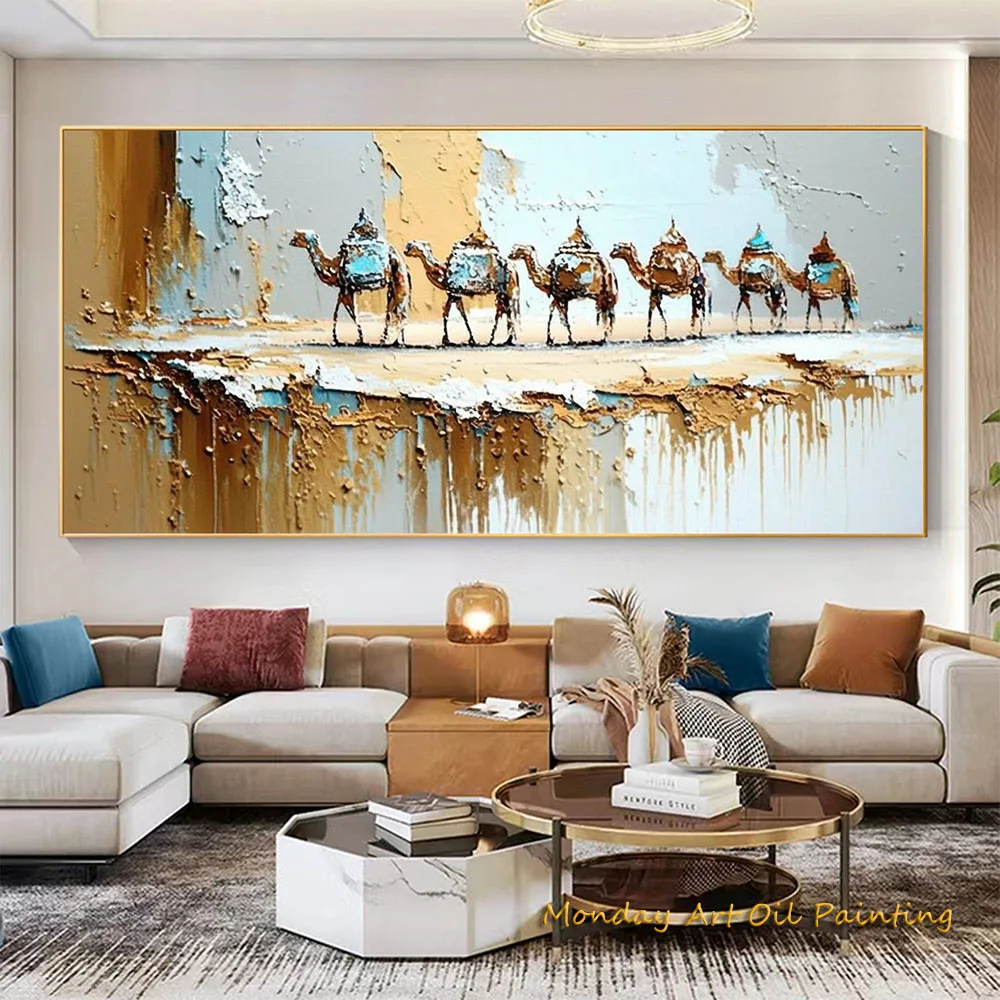 HandPainted Oil Painting Large Original Brown Desert On Canvas Abstract Camel Caravan Living Room Wall Decor Fedex Shipping Cost