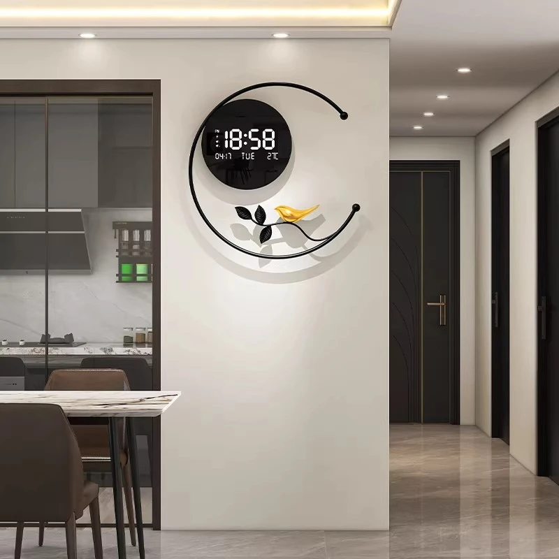 

Living Room Metal Wall Clock Bedroom Alarm Clock LED Display Temperature Calendar Hang Watch Indoor Mute Clock Room Decor Watch