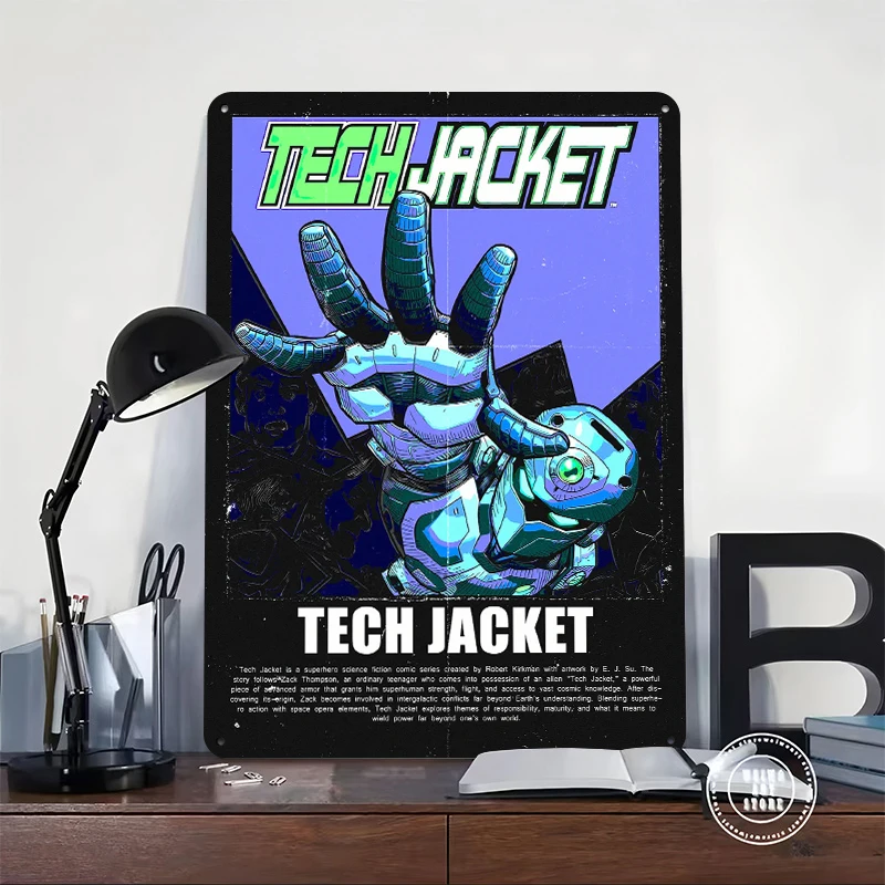 Tech Jacket Comic Cover Metal Poster Customized Wall Art Retro Vintage Tinplate Signs for Bedroom Decoration Room Decor Men Home