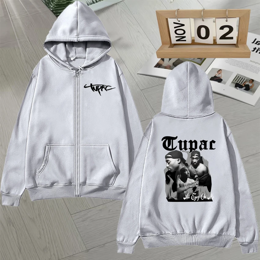 Tupac 2pac Graphic Double Sided Print Autumn Winter Zip Up Long sleeve Hoodie Men Women Loose jacket Fleece Unisex Zip Up Coats