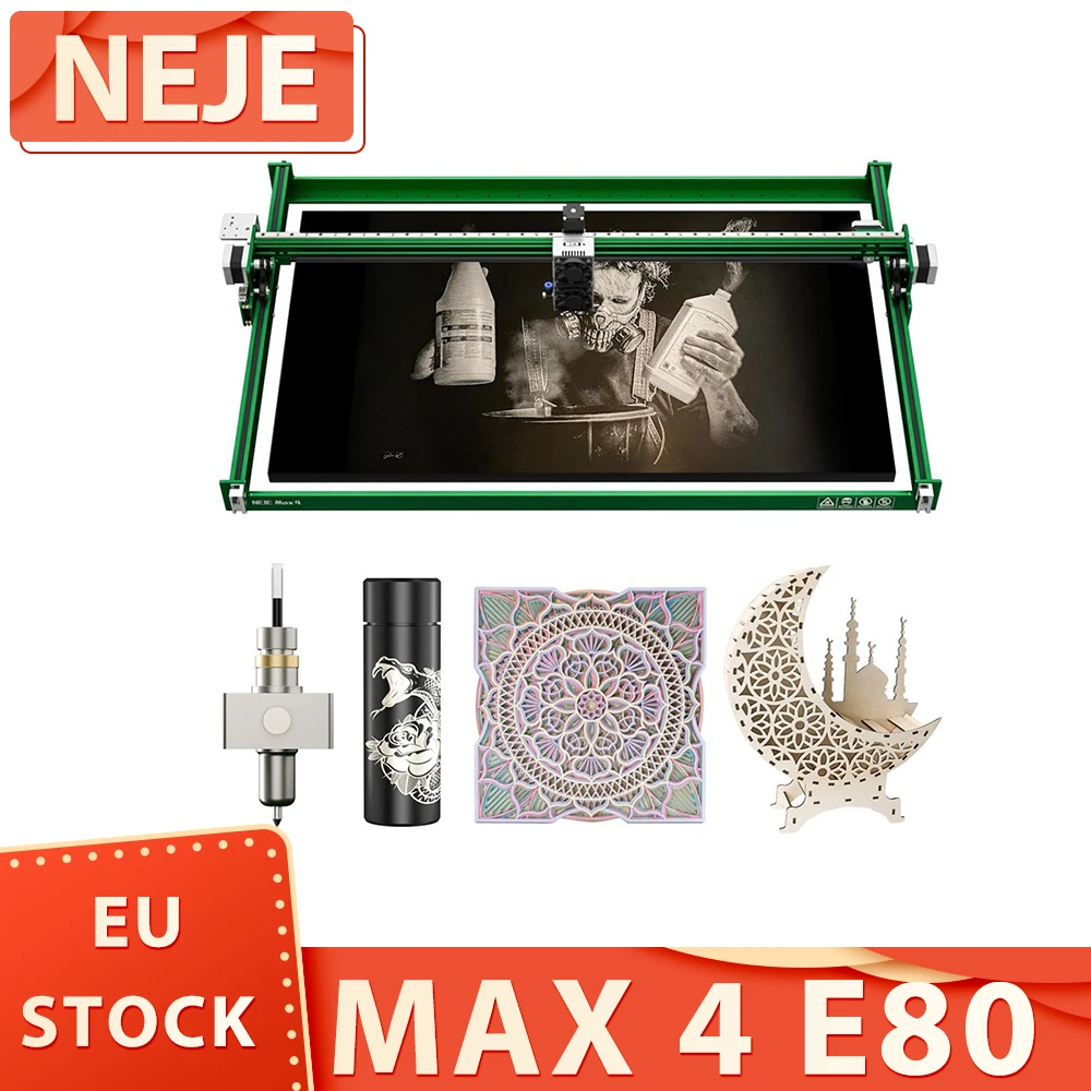 NEJE Max 4 E80 Laser Engraver Cutter, 24W Optical Power, Fixed Focus, Auto Air-Assist, 4-Axis Control, 750mm/s 750*460mm