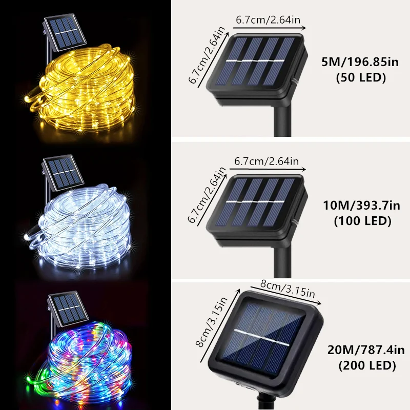 1pc Outdoor Solar LED String Light 50/100/200 LED Tube Rope String Lights with Waterproof for Home Garden Ramadan Wedding Dceor
