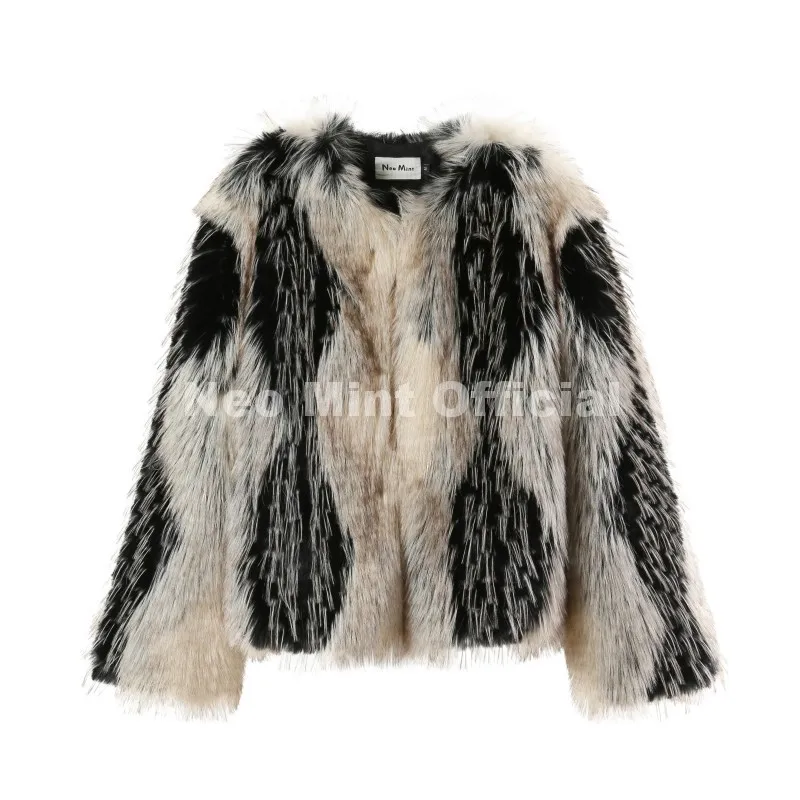 Neo Mint Luxury Brand Design Striped Patchwork Fur Jacket Women Winter Fluffy Faux Fox Fur Coats Chic Girls Thick Warm Outerwear