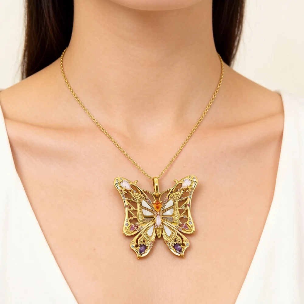 Detailed Golden Butterfly Pendant Brand New 925 Sterling Silver Jewelry Europe Accessorie Trendy Gift For Woman
