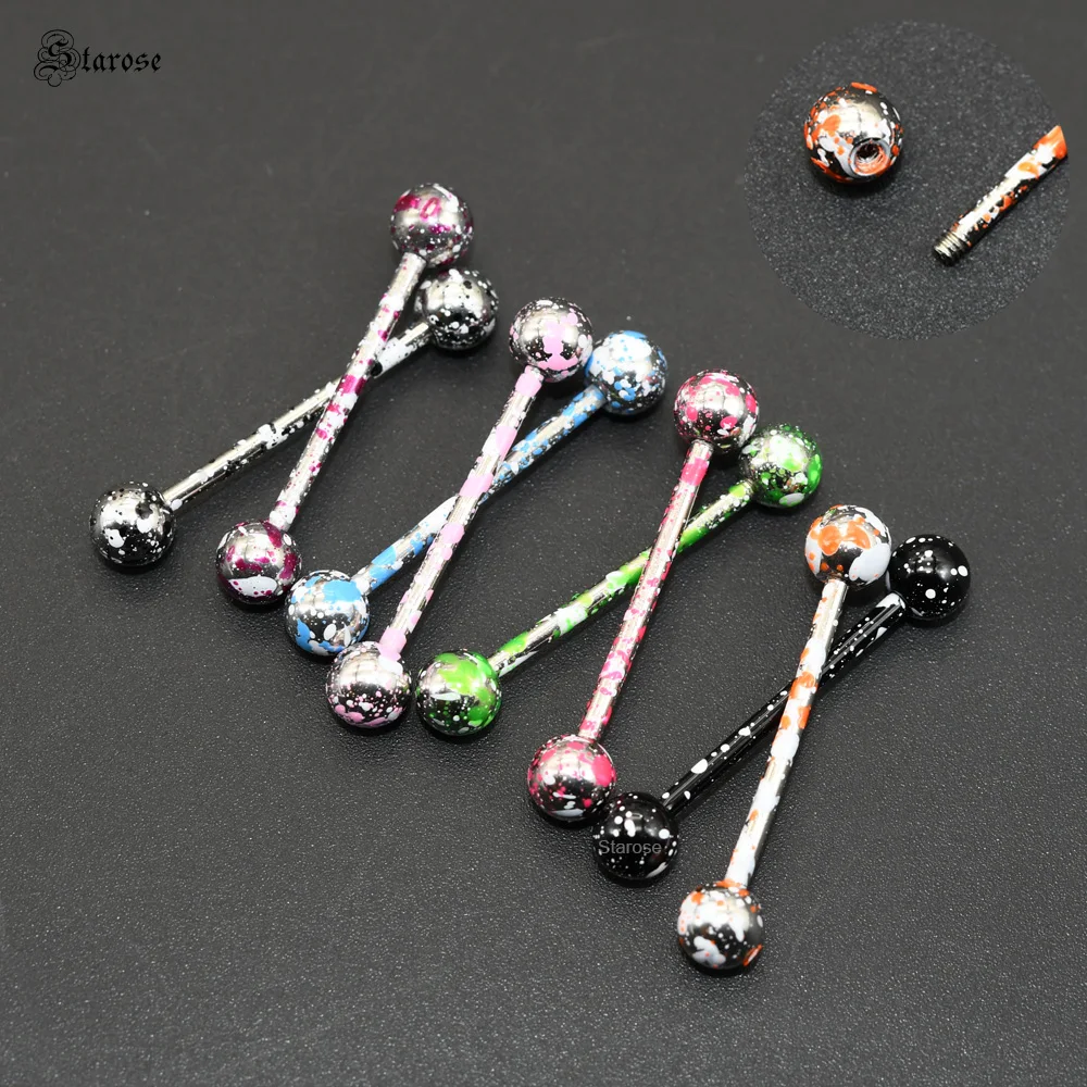 Starose 8 Pcs/Lot Baking Painting Ball Tongue Piercing 1.4x19mm External Thread Stainless Steel Barbell Tongue Bar Nipple Rings