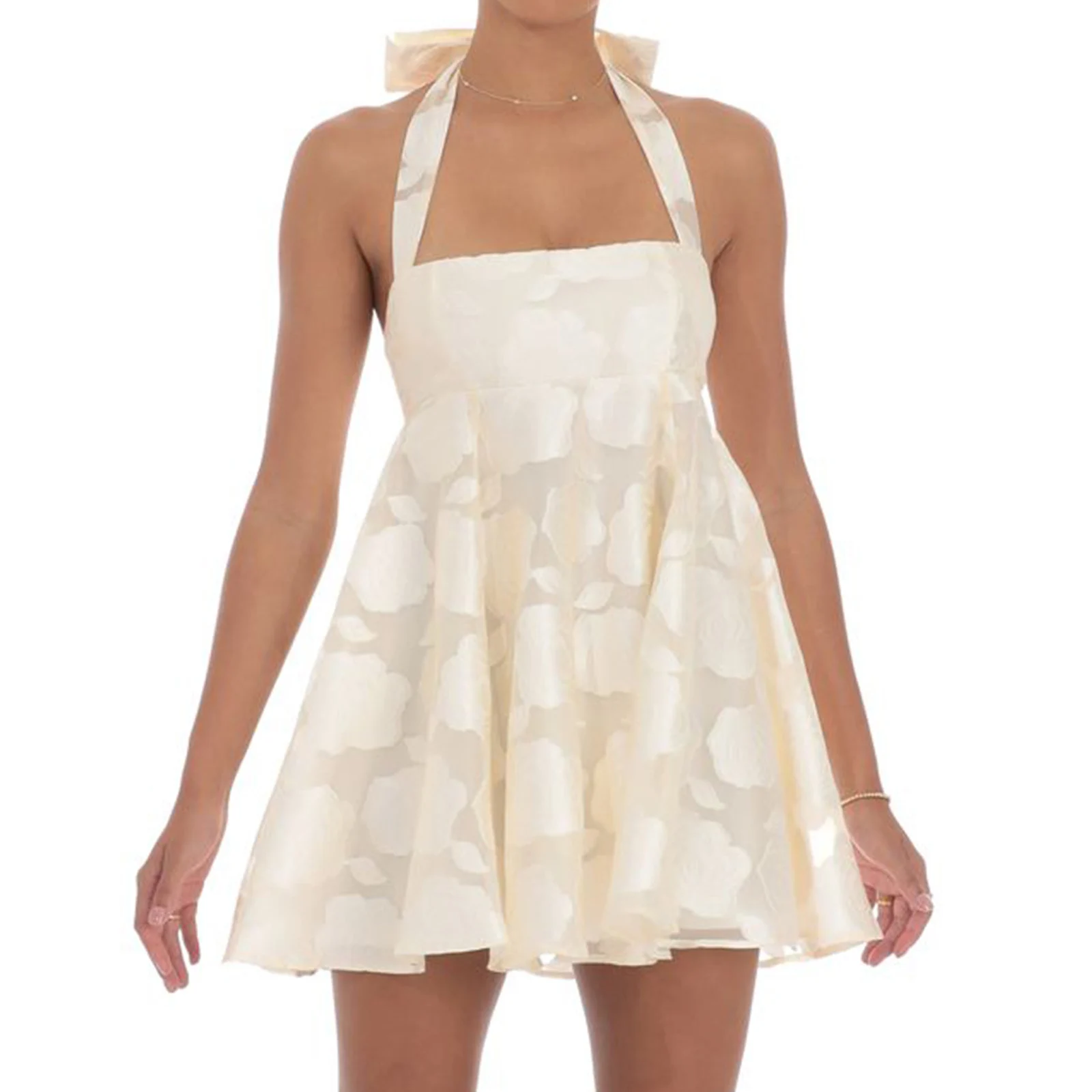 Women Sleeveless Mesh Halter Dress Casual Summer Floral Pattern Backless A-Line Mini Party Dress for Beach Club Streetwear