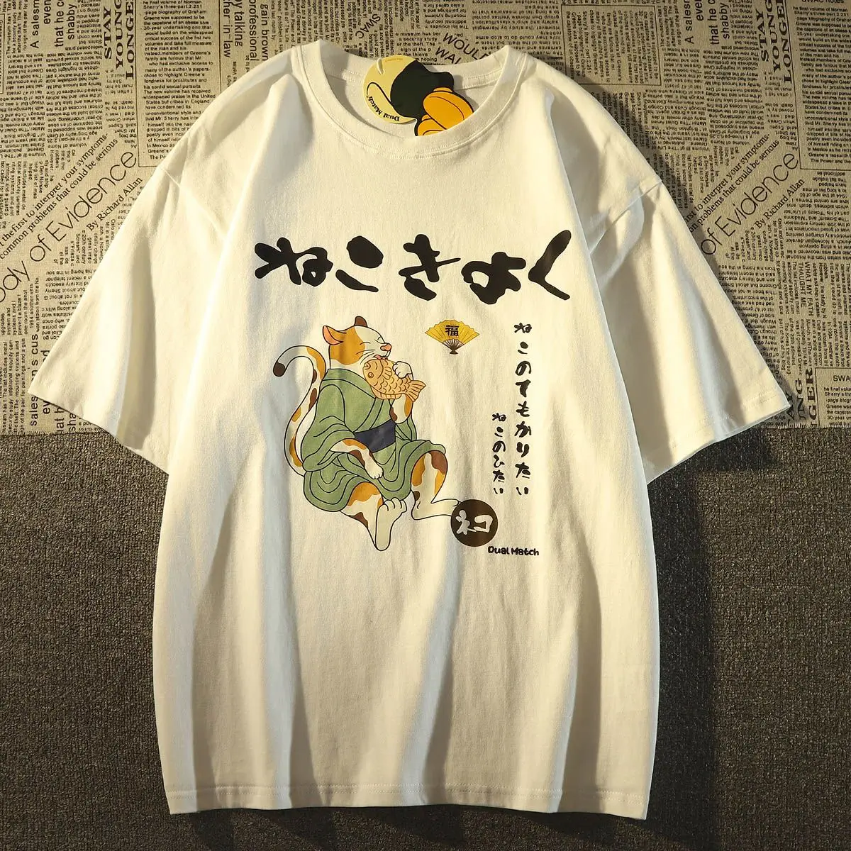 女性のためのヴィンテージカワイイキャットプリントTシャツ,ファッショナブルなユニセックスTシャツ,ルーズでカジュアルなヒップホップスタイル,半袖トップスy2k