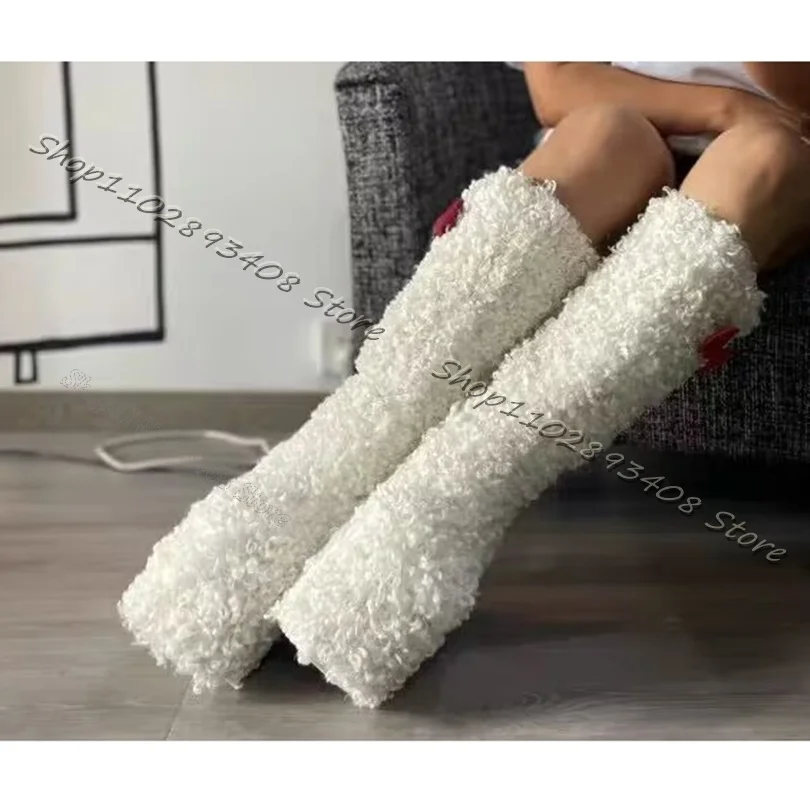 White Butterfly Decor Sherpa Boots Platform Side Zipper Wedges Heels Boots Design Winter Warm Women Shoes Zapatos Para Mujere