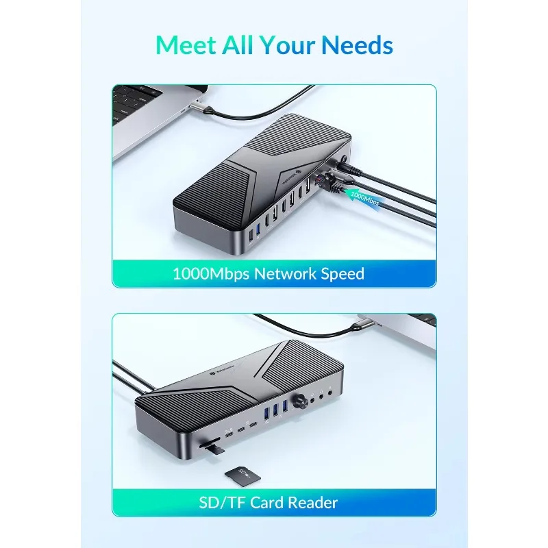 Yottamaster Multi Port USB C Docking Station Adapter to Dual HDMI 4K 60HZ Two DP Display 8K 30HZ 22 in 1 HUB Station PD 60W RJ45