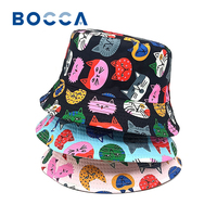 Bocca 54cm Children Bucket Hat Boy Girl Kids Fisherman Hats Cartoon Cat Print Panama Cap Double Sides Summer Spring Sunscreen