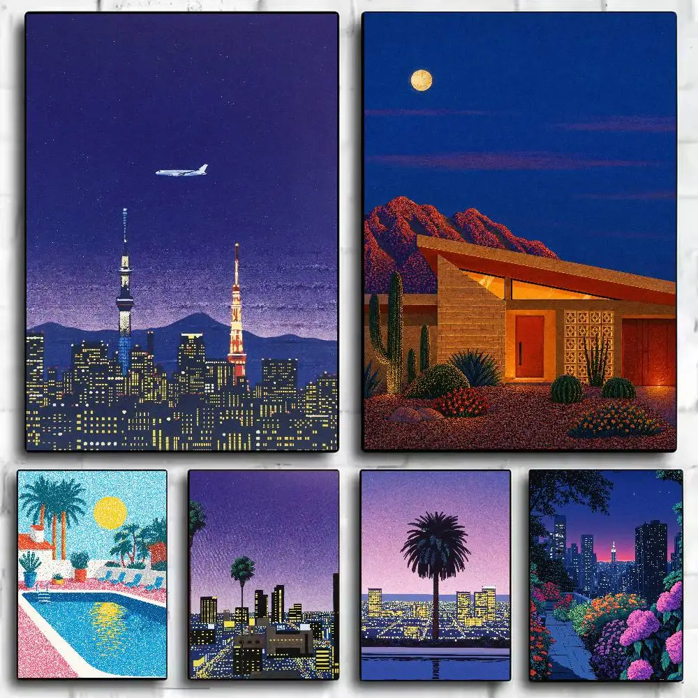 Vaporwave Cityscape Poster Retro 80s 90s Art California Palm Tree Sunset Scenery Vintage Synthwave Urban Night Skyline Bedroom