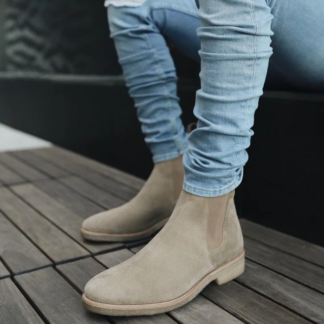 Nowe męskie Chelsea Boots z prawdziwej skóry krowy zamszowe biznesowe kwadratowe buty męskie Мужские сапоги rozmiar 35-46