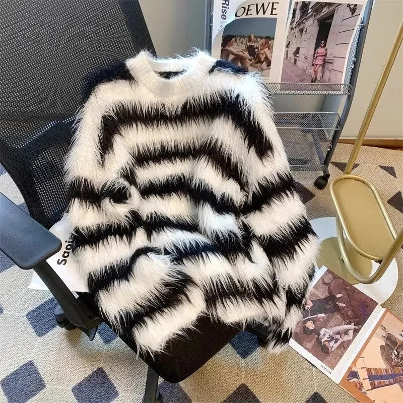 Women Fuzzy Mohair Sweater Y2K Baggy Striped Knit Pullover Zebra Pattern Long Sleeve Fall Winter Warm Jumper Streetwear Tops