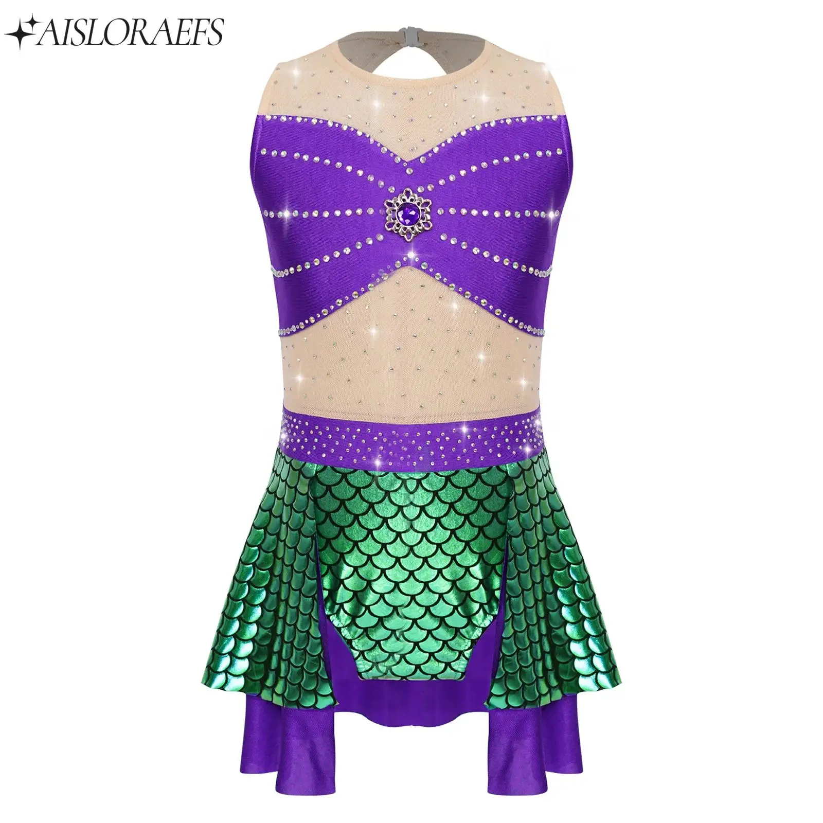Girls Cosplay Mermaid Princess Costume Fish Scale Rhinestone Mesh Sleeveless Cutout Back Leotard for Stage Party Carnival