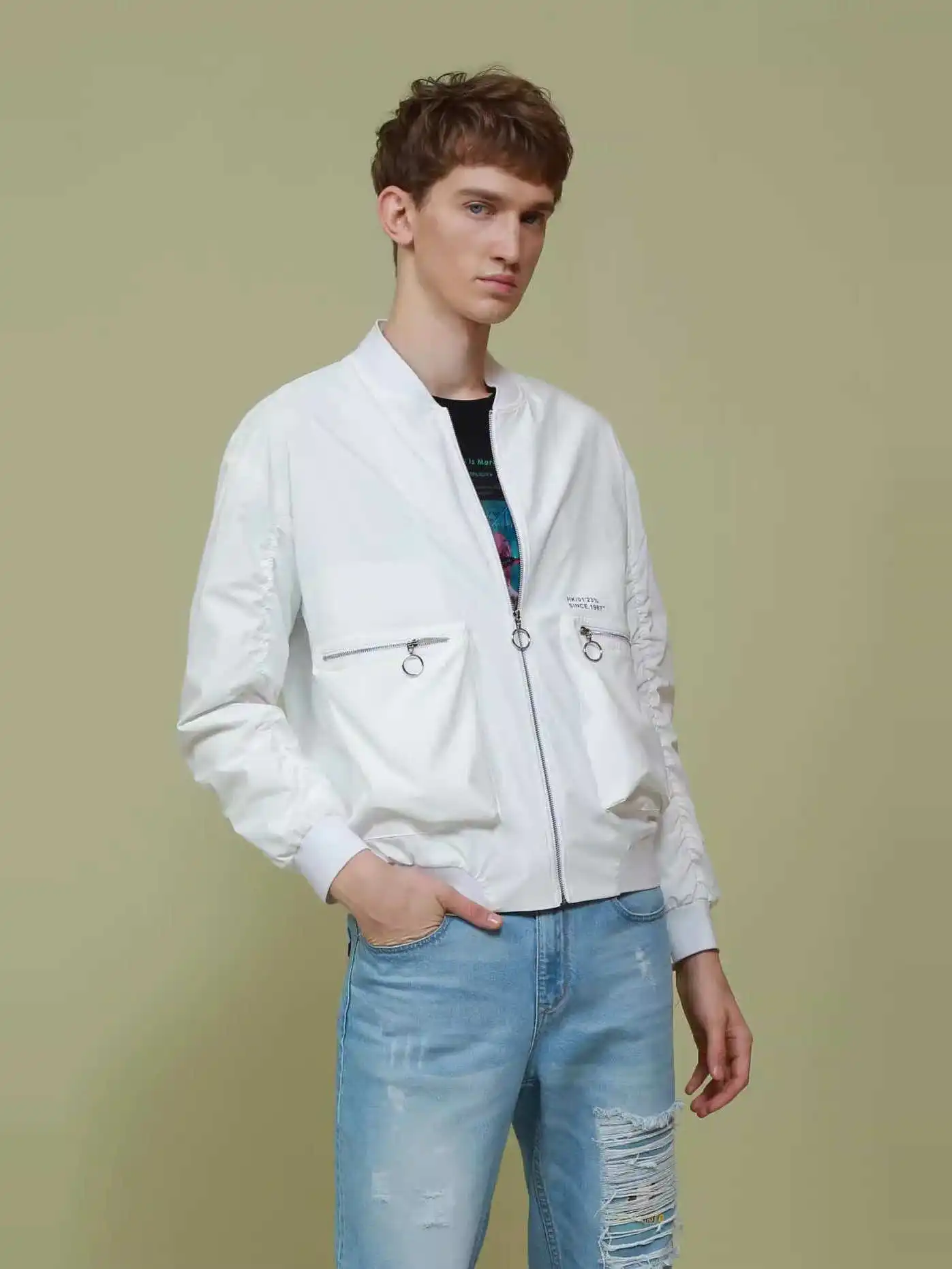 

Sli Универсальный однотонный удобный мужской воротник-стойка Jaet весна-лето Busin Casual ort Sve Slim Fit