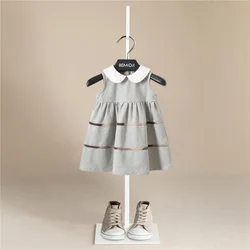 Summer Girls Princess Dress Birthday Party Fashion Kid Poncho Dress Grey Striped Dress Cotton Children Clothing Toddler Clothes