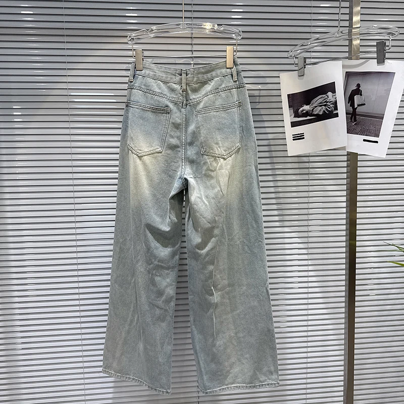 KBQ Solide Gespleißt Gestickte Kätzchen Lose Hosen für Frauen Hohe Taille Patchwork Dimonds Chic Casual Jean Weibliche Mode Stil