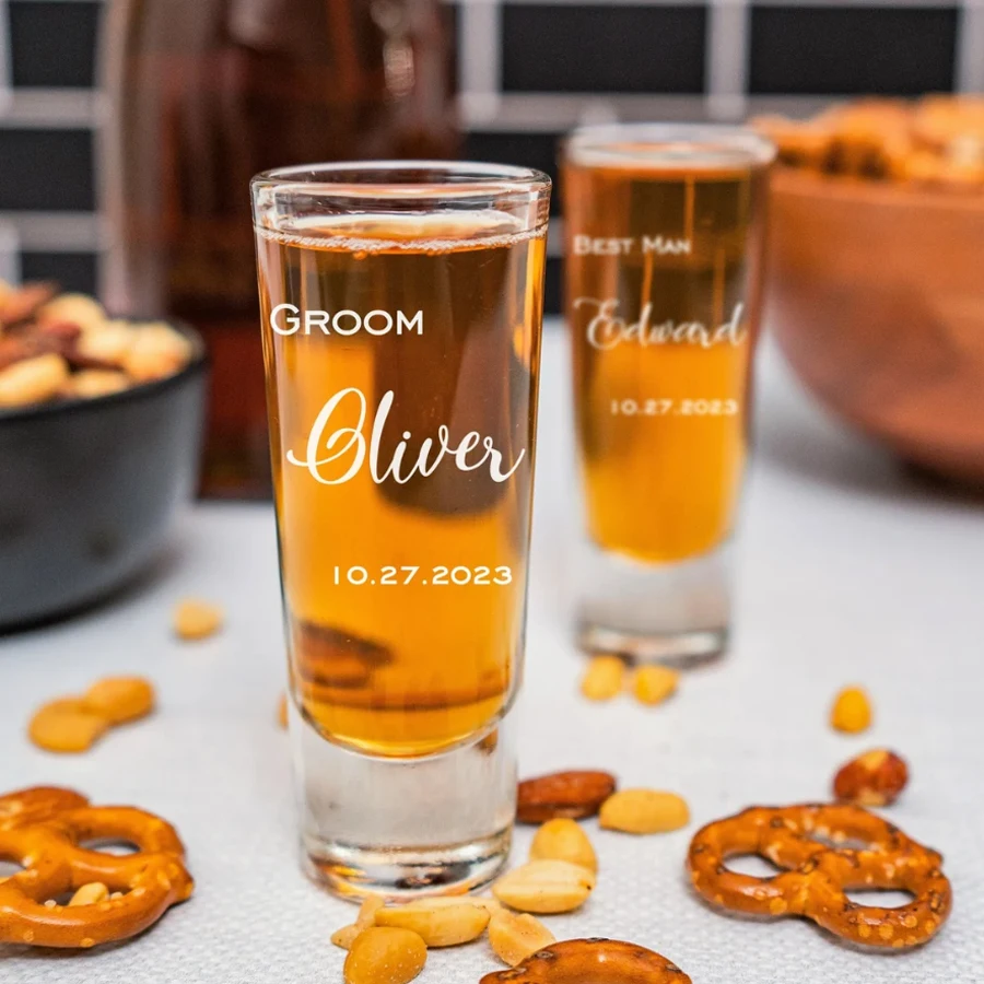 

Personalized Shot Glasses Set of 2, Bride and Groom Glasses, Wedding Gifts for Guests, Custom Shot Glasses for Bridesmaids Gifts