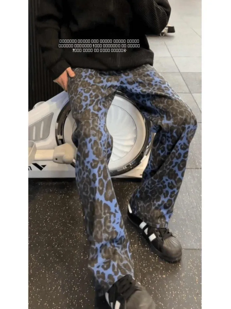 

American Sle Starry Blue Leopard Print Men's Jeans High Street Vibe fiti Straight Leg Knife Flared Pants