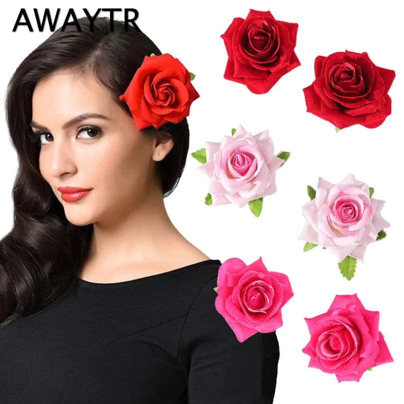 AWAYTR 2Pcs Double Floral Artificial Rose Flower Hair Comb White Red Handmade Hair Clip Hair Pins Wedding Bridal Prom Headwear