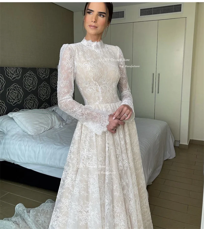 OLOEY Modest High Neck Long Sleeves A Line Wedding Dresses Arabic Women Sweep Train Classic bridal Gowns vestido de novia