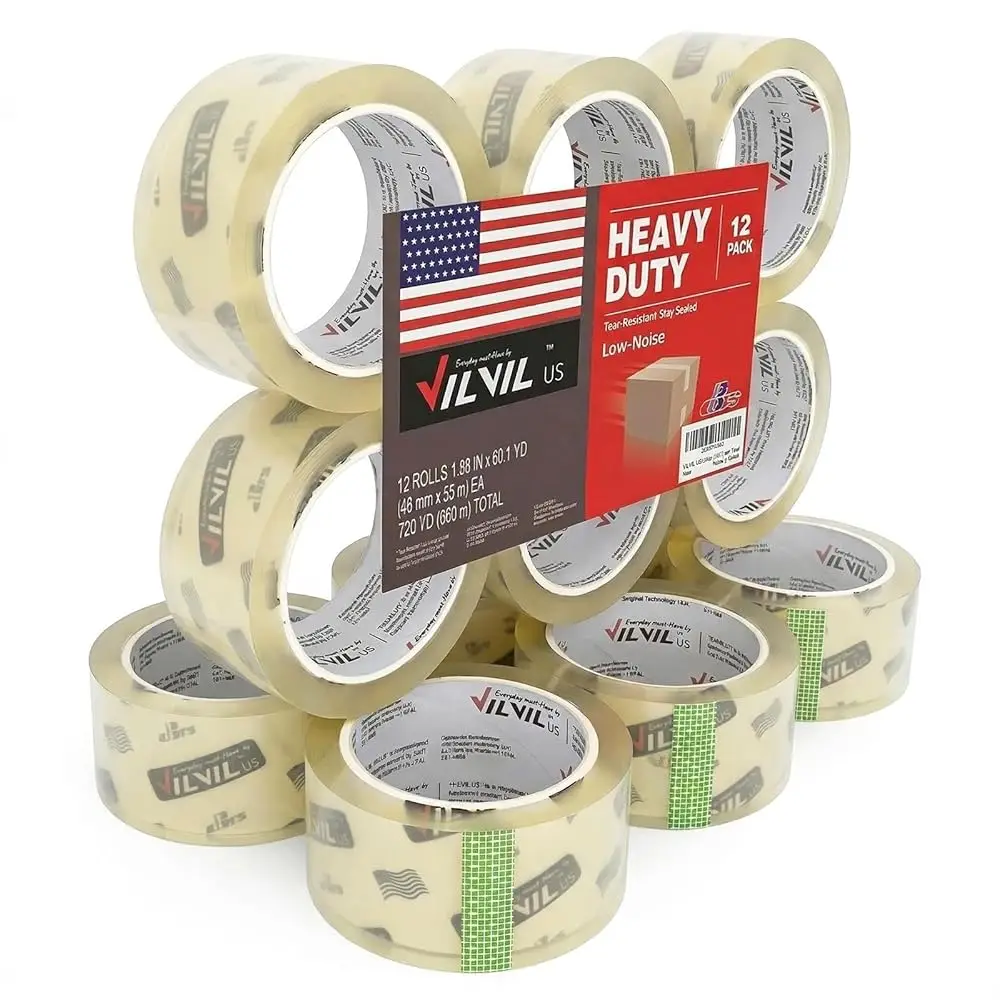 

Бесшумная упаковочная лента повышенной прочности, 1,88 дюйма x 60 ярдов, прозрачная, 12 рулонов, толщина 2,7 мил, суперлипкая (12, 60 ярдов, бесшумная)