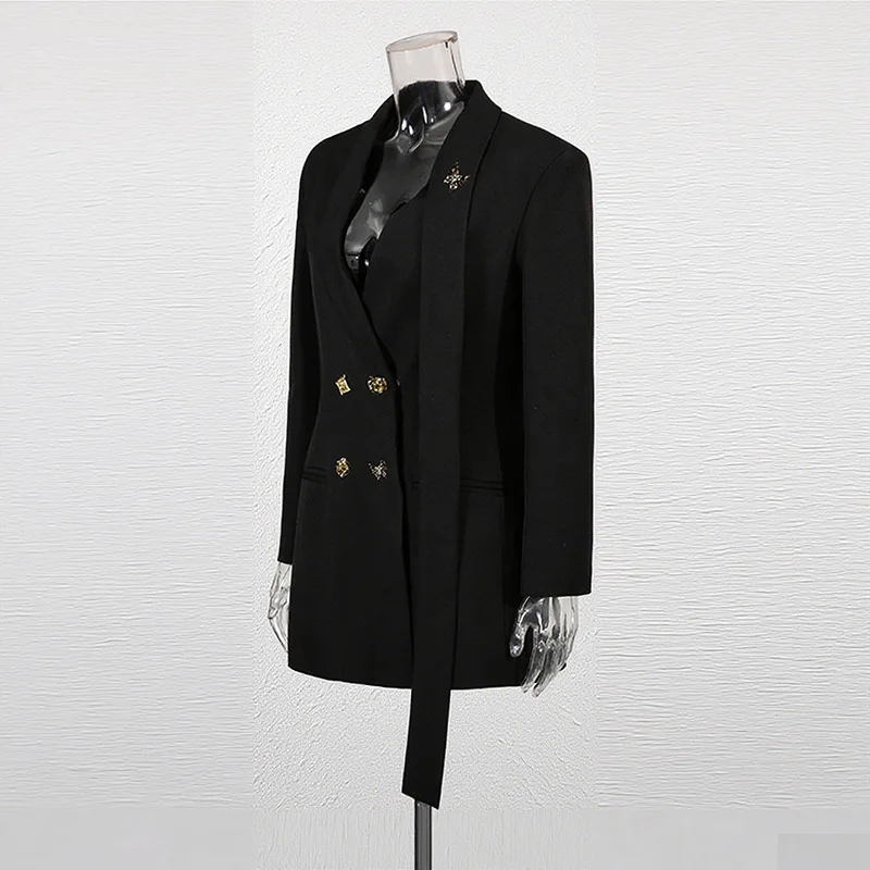 Eeonovni escritório senhora blazer casaco preto com decote em v bandagem retalhos botão reunido cintura jaqueta 2025 outono novas roupas