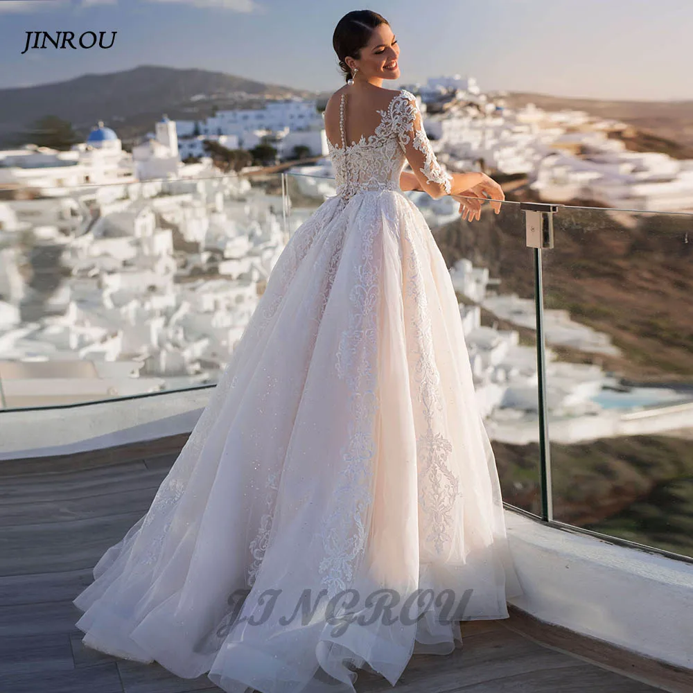 Customized Wedding Dresses V-neck Glitter Tulle A-line Bridal Gowns Open Back Long Sleeve Lace Appliques Bridal Gowns