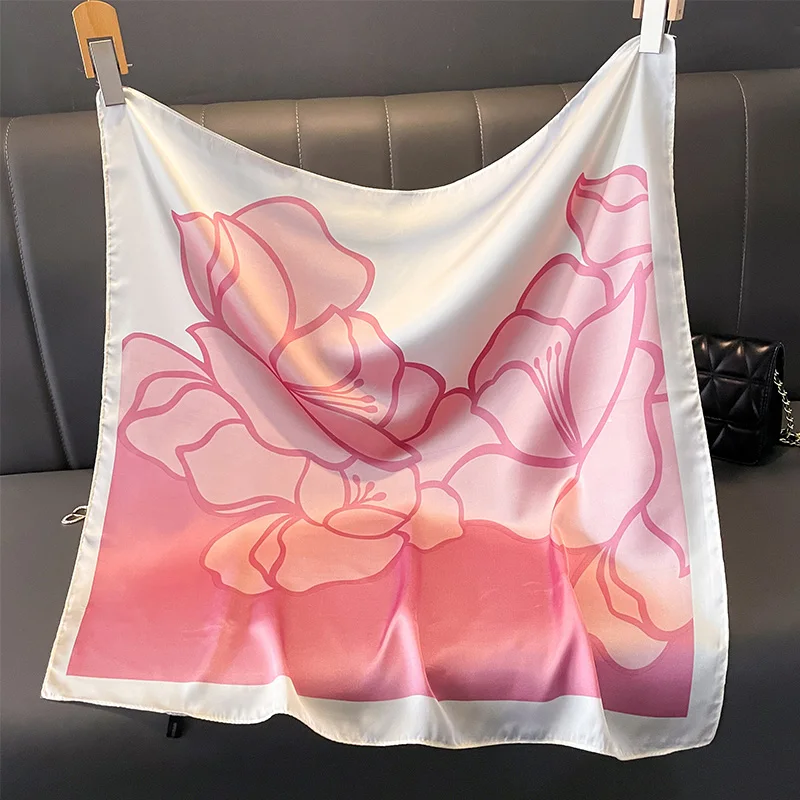 Elegant Pink Floral Square Scarf 70×70cm, Women Silky Satin Bandana, Soft Flower Print Neck Scarf for Office Daily Bag Decoratio