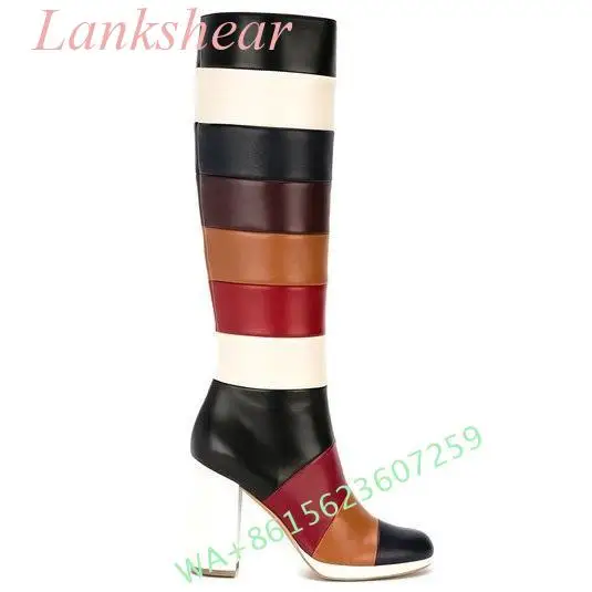 2024 New Style Women\'s Punk Multi-Color Round Toe Block Heels Retro Knee High Boots Party Shoes Large Size 34-46 Handmade