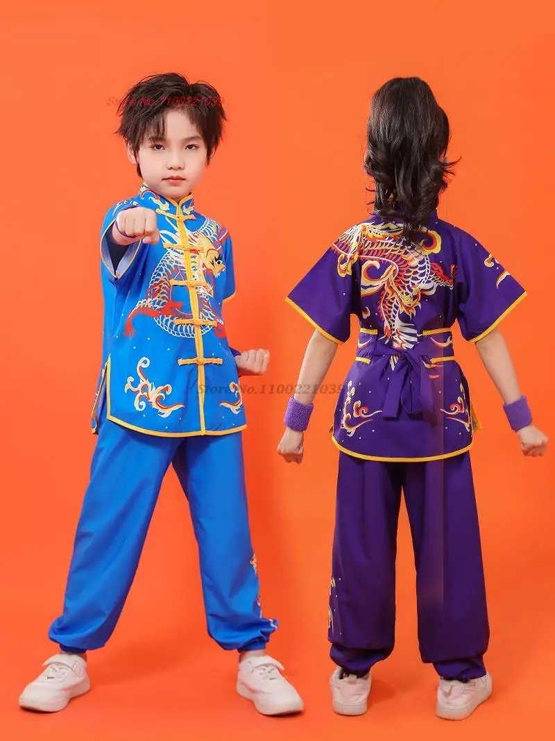 2024 chinese children tai chi wushu clothing martial arts suit kung fu uniform wing chun shaolin dragon print vintage kungfu set